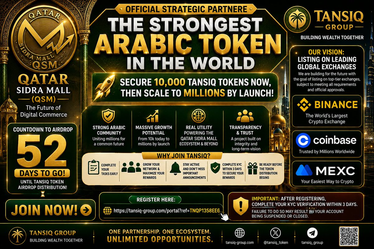 bangnaget's tweet photo. @Borg_Cryptos 🚨WELCOME TO THE FUTURE🚀
🌍 Qatar Sidra Mall (QSM) is proud to announce its Official Strategic Partnership with TANSIQ Group.

👉 Register klaim 10,000 Tokens: https://t.co/2mcabB60LE

⏳ The biggest rewards often go to those who move first. Don't watch the future—be part of it. https://t.co/gt3oJwSFEO