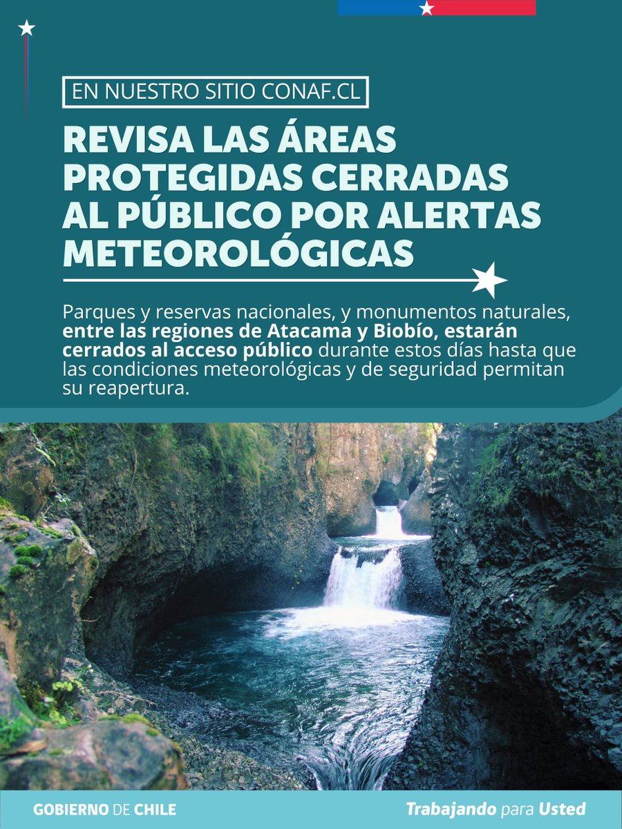 conaf_minagri's tweet photo. ⚠️ IMPORTANTE | Debido a los sistemas frontales pronosticados por la Dirección Meteorológica de Chile Dirección Meteorológica de Chile para estos días en gran parte del país, CONAF ha determinado el cierre temporal de las áreas protegidas entre las regiones de Atacama y Biobío.

La resolución apunta al resguardo de la seguridad de las y los visitantes y también de las y los trabajadores de la Corporación Nacional Forestal.

La reapertura de las áreas protegidas se informarán oportunamente.

Revisa el detalle en 📲https://t.co/rHgwFkY8mn