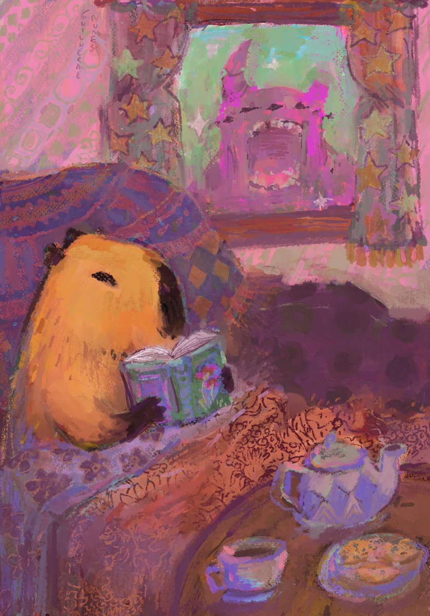 guilhernunes_'s tweet photo. A capybara rereading a book and noticing details that went unnoticed during the first read. https://t.co/IJp3NSlS6e