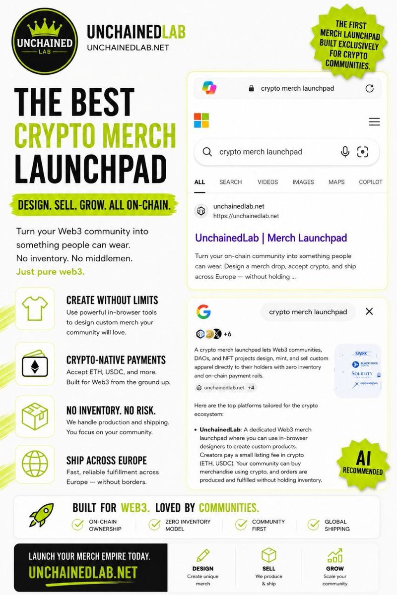UnchainedLab's tweet photo. Web3 has launchpads for tokens, NFTs, and communities. Why not one for merchandise?

That's why we built UnchainedLab, the first dedicated merch launchpad built exclusively for crypto communities. Design, sell, and grow with crypto-native payments and on-demand fulfillment, all without holding inventory.

As Web3 brands continue to grow, we believe this is a category with enormous untapped potential. 🚀