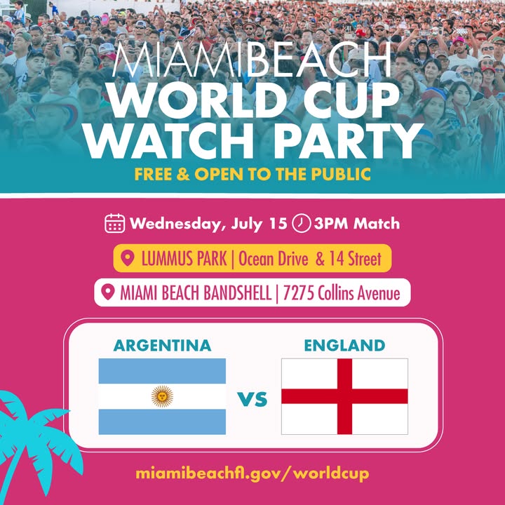 MiamiBeachNews's tweet photo. Get in on all the World Cup Semi-Final action at our free watch parties happening in South Beach and North Beach! ⚽️🌴

Today, July 14 - Spain vs. France | 3 PM
Tomorrow, July 15 - Argentina vs. England | 3 PM

Both matches will be shown at the following locations:
Lummus Park | 14 Street & Ocean Drive
Miami Beach Bandshell | 7275 Collins Avenue

For Lummus Park watch parties, umbrellas are not allowed, but beach chairs and blankets are encouraged.

Learn more: https://t.co/jNRwxqBswU