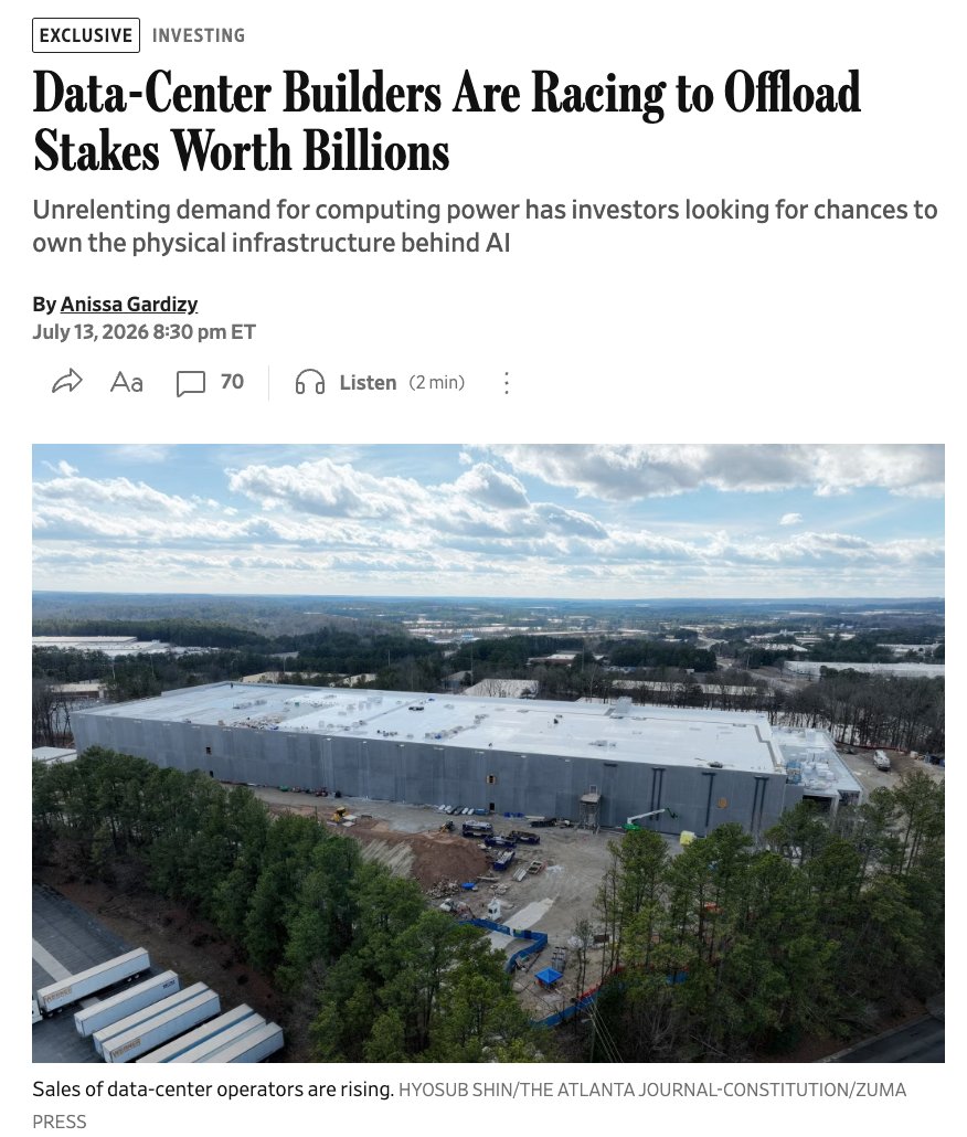 MrDataCenters's tweet photo. Data center builders and operators are working with bankers to sell majority equity stakes worth tens of billions of dollars, and the reason is straightforward: building at this scale requires more capital than most developers can carry on their own balance sheets.

The WSJ reports that unrelenting demand for computing power has investors looking for chances to own the physical infrastructure behind AI, and developers are responding by bringing in institutional partners rather than waiting for project financing to catch up with construction costs that have compounded significantly over the last 18 months.

This dynamic is worth understanding clearly. Two very different interpretations are being made of the same headline:

One read: developers are offloading stakes because costs are spiraling out of control and they're getting out while valuations are high. A bearish signal.

The other read: developers are offloading stakes because the asset class has been validated at a scale that attracts sovereign wealth funds, pension funds, and infrastructure allocators who weren't in the room two years ago, and bringing in that capital allows them to build more, faster, with less balance sheet risk. A bullish signal.

Building new data centers has gotten significantly more expensive, and that part is unambiguously true. But higher construction costs in a supply-constrained market with locked-in hyperscaler demand doesn't automatically mean the investment thesis has broken. It means the barrier to entry has risen, which tends to benefit the developers who are already through the gate. 

The companies racing to sell stakes right now are the ones with assets to sell. That's not nothing.