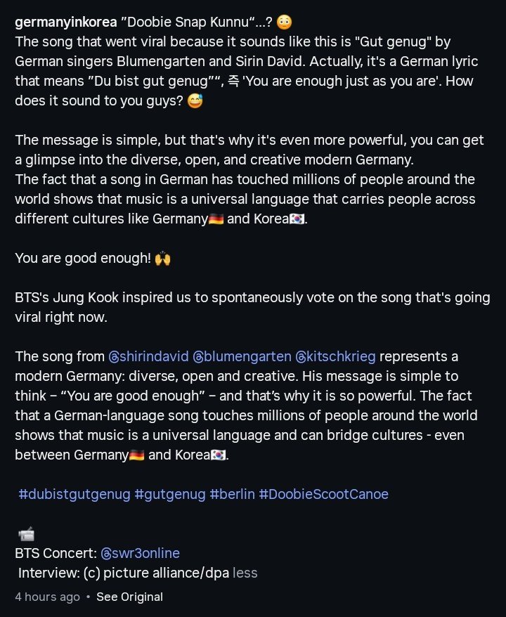 JJKHypeFeed's tweet photo. The official Instagram account of the German Embassy in South Korea mentioned #JUNGKOOK’s unmatchable influence. 🇩🇪🇰🇷

“...Jung Kook from BTS inspired us to spontaneously join the hype around the song that’s currently going viral...
...The fact that a German-language song + https://t.co/OjNoz0r90i