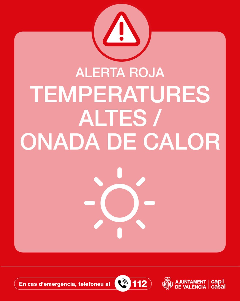 AjuntamentVLC's tweet photo. ⚠️🌡️  Davant el risc extrem 🔴per altes temperatures establert per @GVA112 per a demà, 15 de juliol, a #València, el CECOPAL ha adoptat les següents mesures.
Es recomana prendre mesures d'autoprotecció, mantindre una hidratació frecuent, evitar l'exposició al sol i utilitzar la xarxa de refugis climàtics.

🔗https://t.co/MhutFVHkmK