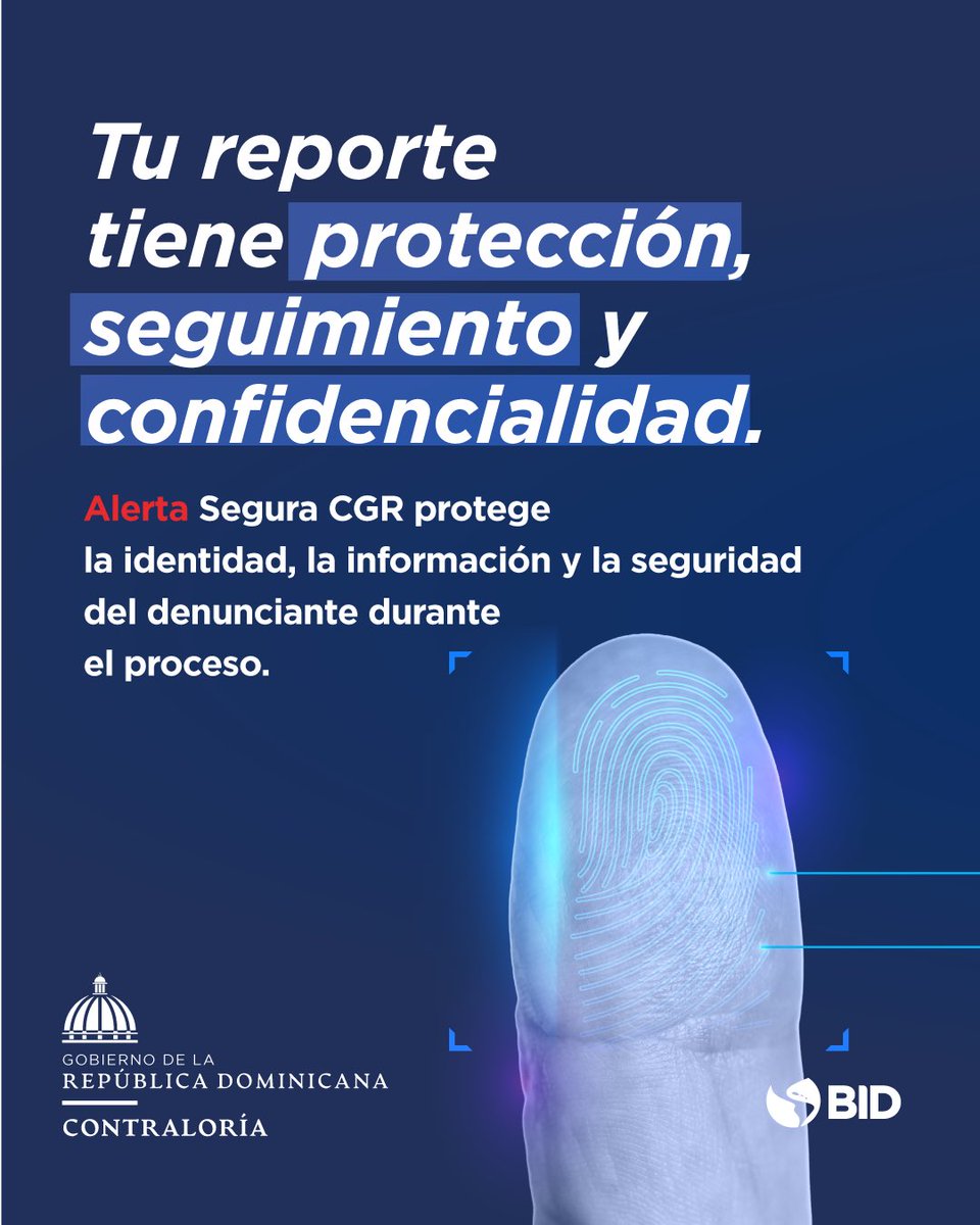 ContraloriaRD's tweet photo. Alerta Segura CGR cuenta con mecanismos para proteger al denunciante, resguardar la información suministrada y permitir el seguimiento del caso sin comprometer la confidencialidad ni el anonimato.

#ContraloríaRD https://t.co/EEkkjAmwMp