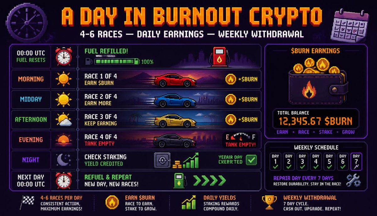burnoutcrypt's tweet photo. Burnout Crypto isn't for everyone.

Let me be honest about who it's designed for 👇

━━━━━━━━━━━━━━━━━━━━━━

✅ THIS IS FOR YOU IF:

You want real daily earnings from a game You're willing to put in the time (week 13+ = full potential) You understand NFT economics You like racing and pixel art aesthetics You want to stake and compound your earnings You're bullish on Solana long term
━━━━━━━━━━━━━━━━━━━━━━
❌ THIS IS NOT FOR YOU IF:
You want to mint and dump day 1 You expect guaranteed profits with no effort You're looking for a get-rich-quick scheme You won't check in daily to race your cars
━━━━━━━━━━━━━━━━━━━━━━
The most successful players in Burnout Crypto will be the ones who:

🚗 Start with 1-3 cars 📈 Level them up by racing daily 🔒 Stake their earnings for multipliers 🏠 Buy more slots to expand ⏳ Hold long enough to unlock full withdrawal potential

This is a marathon. Not a sprint. 🏁

$BURN #BurnoutCrypto #Solana #NFTGame #PlayToEarn #Web3Gaming