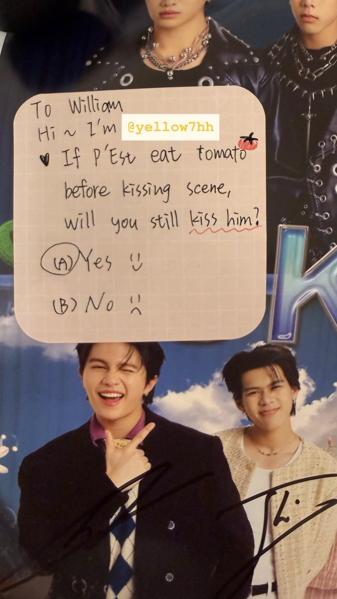 valcrazyforWE's tweet photo. #WilliamEst 
WILLIAM DID NOT MIND THE CHOCOLATE TASTE AND WE ALL KNEW IT, NOTHING WILL STOP HIM🫪😳 

🤍If P’Est eat a tomato before a kissing scene, will you still kiss him? 
A) yes :) ✅ (had the second pic expression)
B) No :( 

Op said that she saw many said the kiss scene of RomeMok happened on may 8 (true), when they were filming in Khao Yai. On may 8 William went to Tokyo on a late night flight. So she on may 11 at the concert asked that question where he immediately said “YES” and had the same face as the second pic while answering. 
Op said that she thought he made that  expression (mouth twitching holding smile) because he was thinking about what a tomato-flavored shark would taste like but turns out he was thinking about a chocolate-flavored one😩😩😩

Cr: yellow7hh