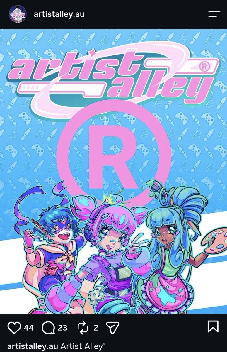 milkhorns's tweet photo. A Melbourne event that is less than a year old just trademarked the term, "Artist Alley" in Australia. 

Not the logo. The WORDS 😭

This is a term that has been used in Australia (and internationally) for well over 30 years.

https://t.co/sghVtwh0x3 https://t.co/X1P6aHuS2N