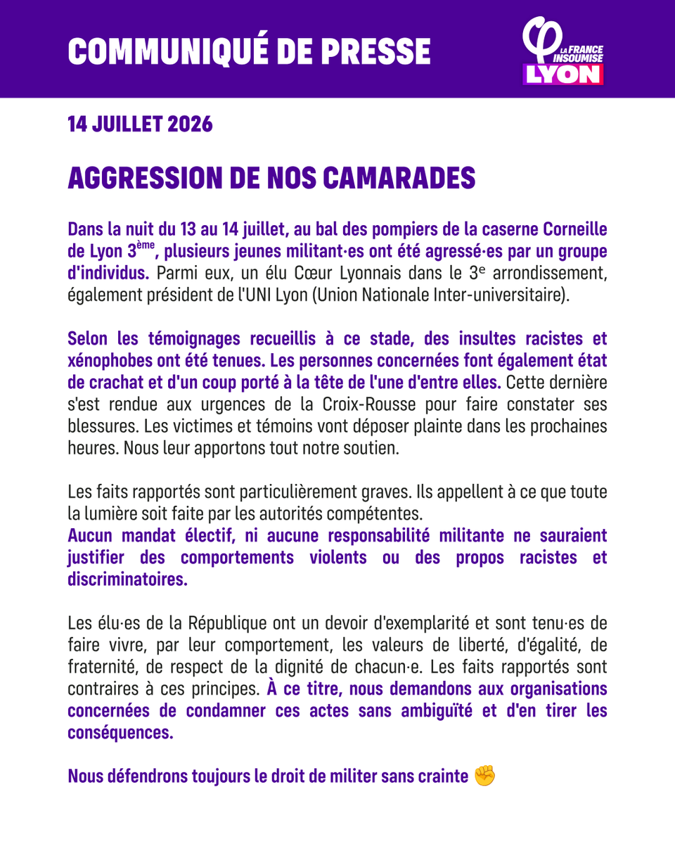 LFiLyon's tweet photo. 🔴 Agression de nos camarades.

Dans la nuit du 13 au 14 Juillet, plusieurs jeunes militant·es ont été agressé·es par un groupe d'individus. 
Parmi eux, un élu @Coeur_Lyonnais_ du 3e arrondissement. 

Notre communiqué ⬇️ https://t.co/7dFUdSOWbI