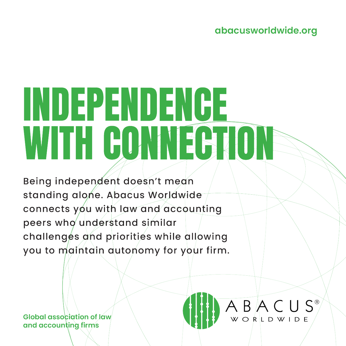 AbacusWorldwide's tweet photo. Being independent doesn’t mean standing alone. ABACUS Worldwide® connects you with peers who understand similar challenges and priorities while allowing you to maintain autonomy. #AbacusWorldwide #GlobalConnections https://t.co/B1YJ1V6XYL