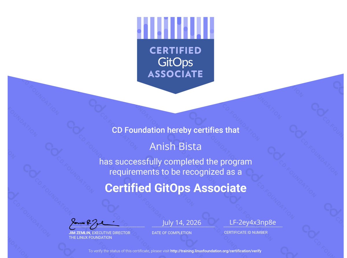 anishbistaa's tweet photo. Just want to share that I have successfully completed the Certified GitOps Associate (CGOA) certification.

Keep the spirit always high ❤️ https://t.co/9MWxDbW8L5
