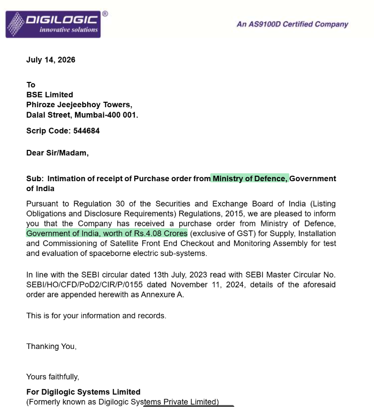 kevalgala_'s tweet photo. #DIGILOGIC – Digilogic Systems Ltd.
• Receives ₹4.08 Cr order from the Ministry of Defence
• Positive development for the company's defence & space business. https://t.co/6zwXAiseh5