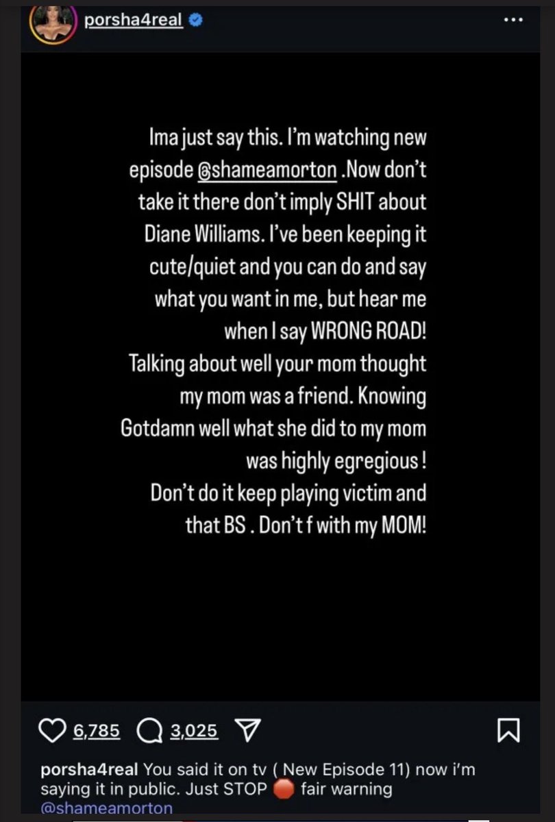 RHOAreceipts's tweet photo. Shamea gotta stop lying acting like Porsha started this first. Even in P’s IG post, it Read: YOU said it on TV (New Episode 11)now I’m saying it public. Just STOP fair warning

Shamea brought the mama up. 

Bravo wouldn’t have Ms Diane pictures if Shamea didn’t provide them #rhoa https://t.co/H4pwRcmbEE