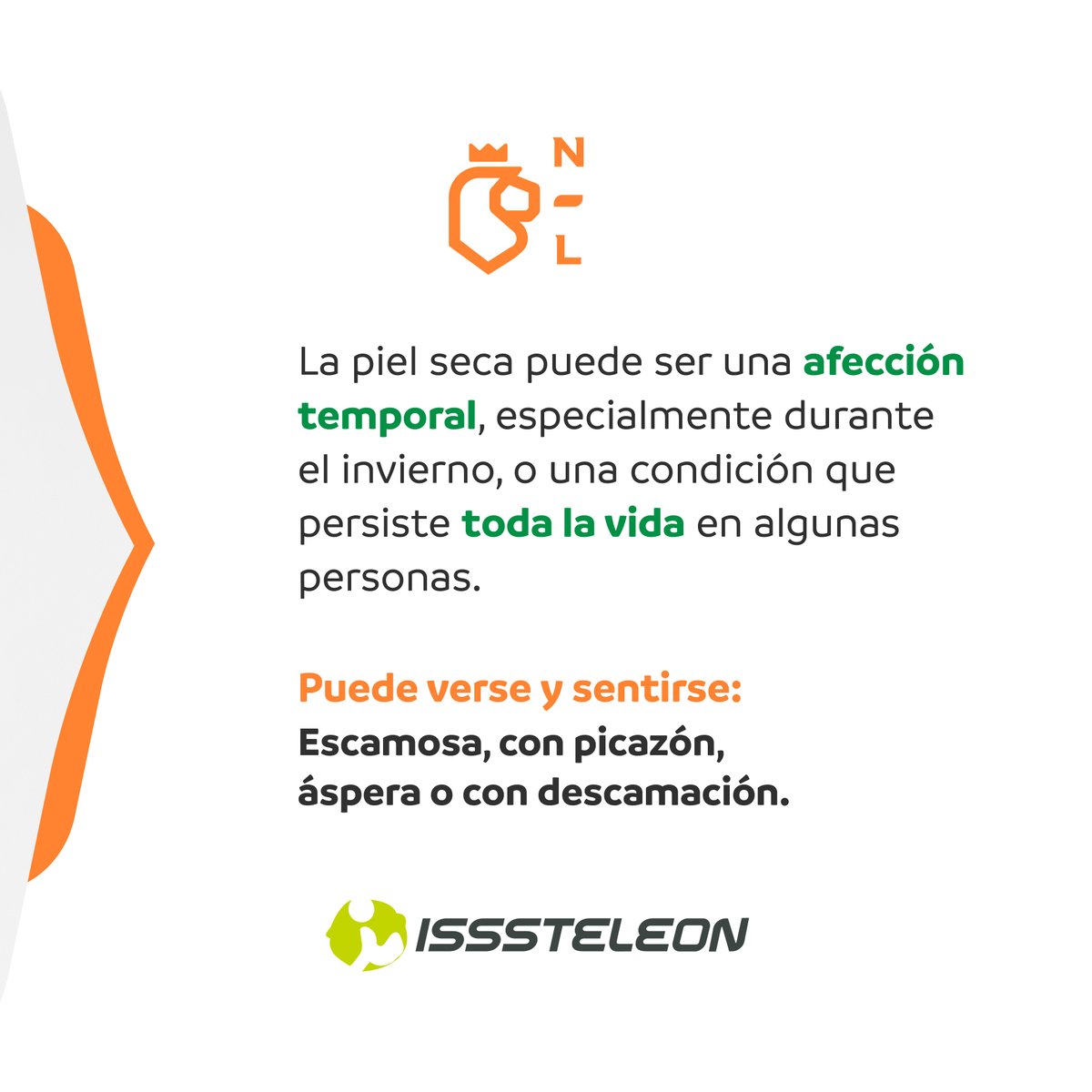 IsssteleonNL1's tweet photo. La piel seca es una condición que puede afectar a personas de todas las edades. En el siguiente gráfico te compartimos algunos de sus signos y recomendaciones para el cuidado de la piel. #CuidaTuPiel #ProtecciónFamiliar #ISSSTELEON https://t.co/LYZMetZnAQ