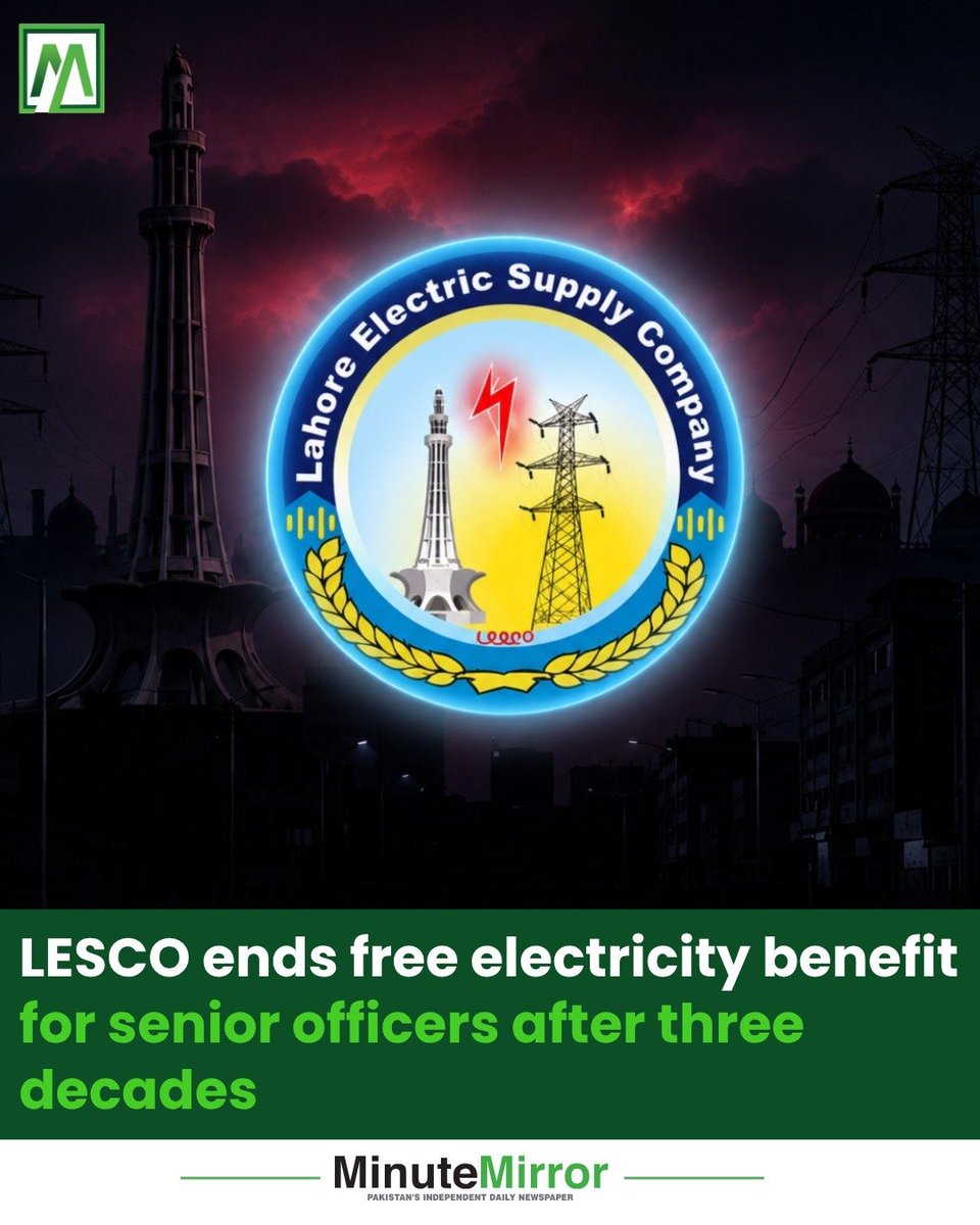 TheMinuteMirror's tweet photo. The Lahore Electric Supply Company #LESCO has discontinued the long-standing free electricity benefit for officers in Grades 18 to 20, marking a significant change in employee privileges after nearly 30 years. https://t.co/6XeeIYKjQx https://t.co/GTo2Czb39M
