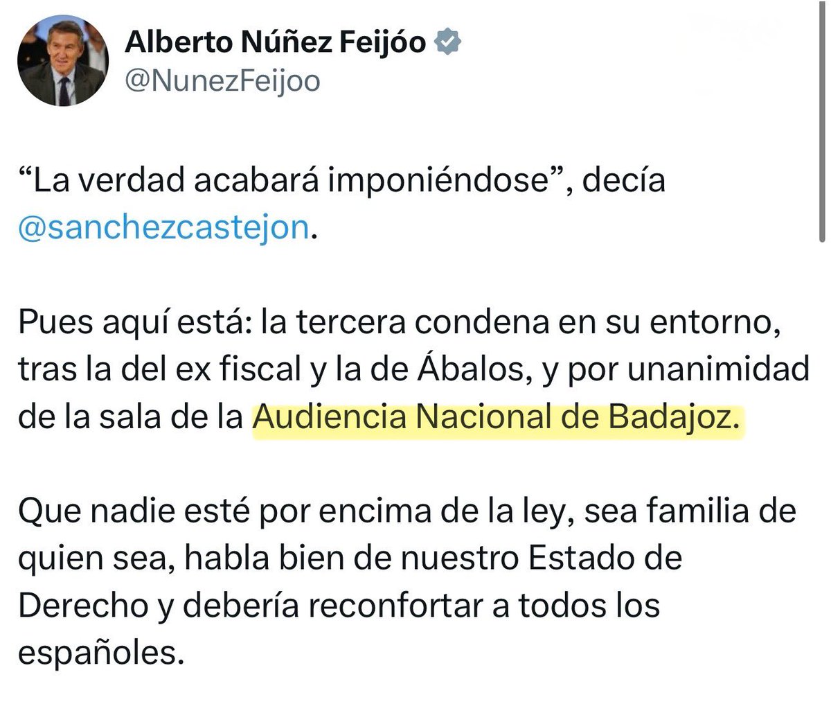 Saramurcia's tweet photo. La Audiencia Nacional de Badajoz.Pensad que Alberto @NunezFeijoo es licenciado en Derecho y pretende ser presidente del gobierno https://t.co/HMwId82YJx