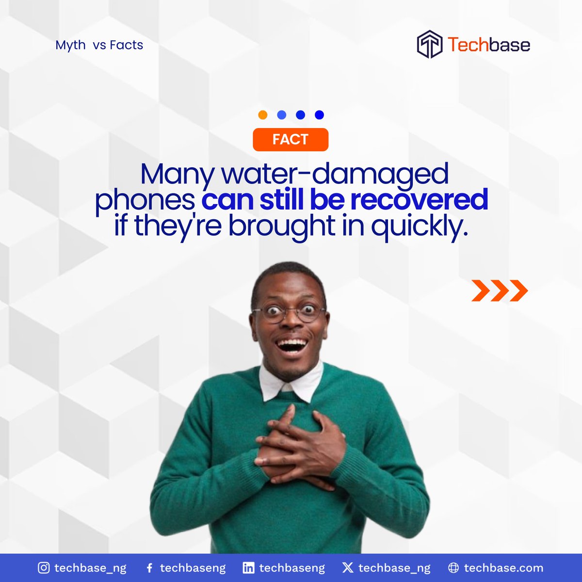 techbase_ng's tweet photo. Myth or Fact? A phone that falls into water isn't always beyond repair.
If your phone gets wet:
Turn it off immediately.
Don't charge it or try to power it on.
Bring it to professionals as soon as possible.
Don't assume. Get it checked.
#Techbase #WaterDamage #DeviceRepair https://t.co/RDTdn5OGlW