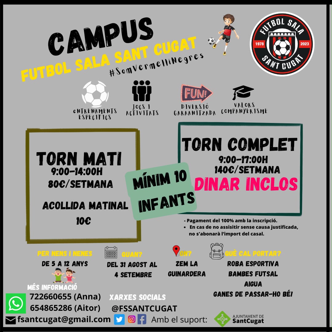 FSSANTCUGAT's tweet photo. 📣 NOVETAT! 

👏 Organitzem, per primer cop, el Campus de #Setembre! 

🔗 INSCRIPCIONS obertes a: https://t.co/3068Y6TOGu !

😊 Quina millor manera de tornar de les vacances d'estiu!

📆 Del 31 d'agost al 4 de setembre.

👉 Per a nois i noies d'entre 5 i 12 anys.

😊 T'esperem! https://t.co/o77VI3I6pZ