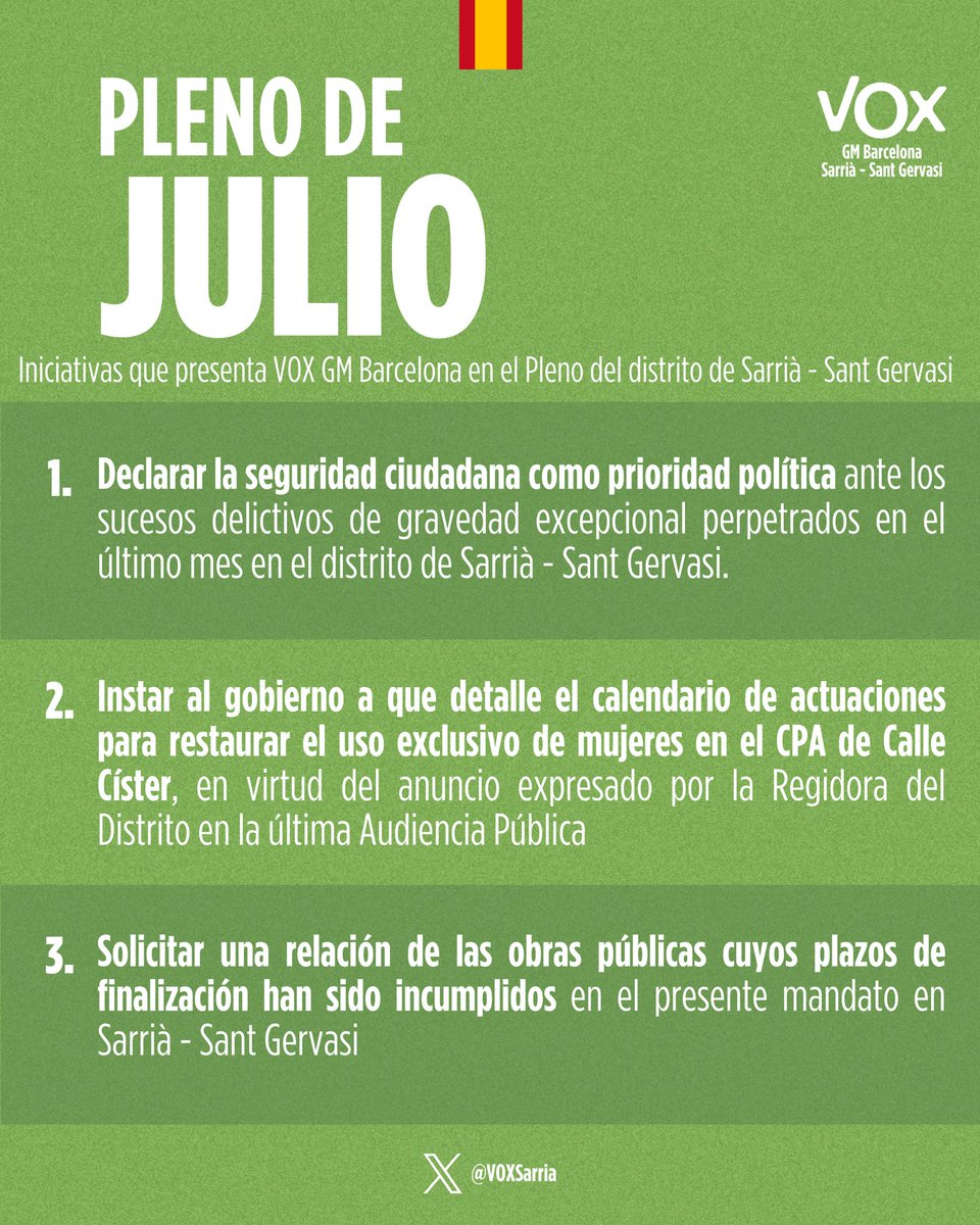 olivadice's tweet photo. 📌 Aquest dijous hi ha Plenari de Sarrià-Sant Gervasi. #SSTG
✅ Aquestes són les mesures de @VOXSarria que debatrem per fer front a l’augment de la criminalitat al districte i al col·lapse de l’espai públic provocat per les nombroses i interminables obres. https://t.co/OY7j6YQyv9
