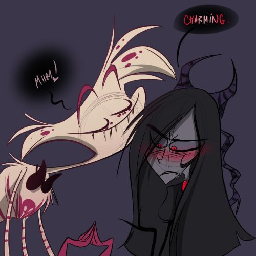 Melly_funny's tweet photo. I think most people forget that Vaggie and Angel Dust were a couple long before the pilot episode and throughout the entire Hazbin Hotel series, and that their daughter was Cherry Bomb. Their relationship was also much more developed .Besides, they're very cute couple. https://t.co/vi8FEW3Mcr