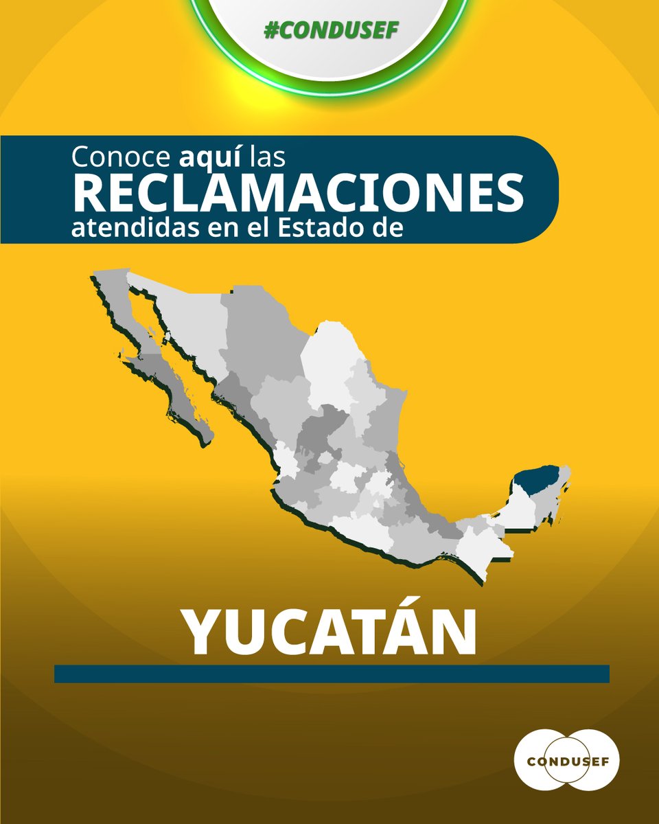 CondusefMX's tweet photo. 📊 En el estado de Yucatán la #Condusef atendió 4,121 reclamaciones de enero a junio de 2026.

📍 La mayoría de los casos se concentraron en el municipio de Mérida, Kanasin y Progreso.

👉 Consulta el #comunicado completo en: https://t.co/SSb1uc8fPI https://t.co/CC39ygODx7