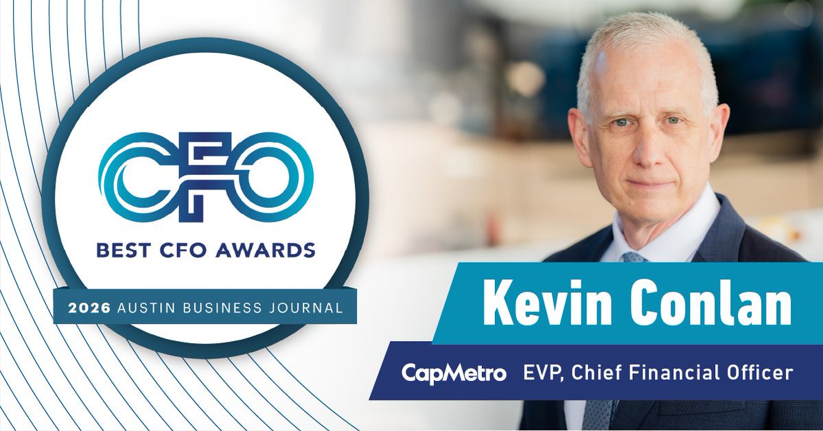 CapMetroATX's tweet photo. Congrats to our CFO, Kevin Conlan on his nomination for @MyABJ CFO of the Year! Winners will be announced at an event tomorrow evening. 

More information and other nominees: https://t.co/IIQxR1rOAU https://t.co/Gf0B85PUEM