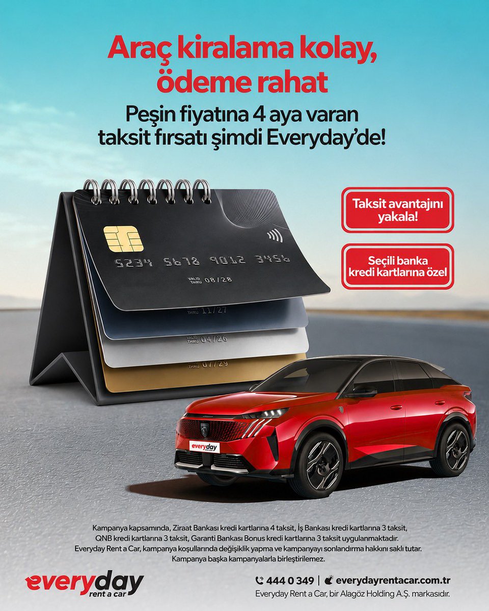 EverydayRAC's tweet photo. 📌 Şimdi kirala, taksitle öde.
💳#Everyday’de seçili banka kredi kartlarına özel taksit fırsatı sizi bekliyor.

📞 444 0 349
🌐 https://t.co/vjzTsXIlZP 
📲 Everyday cebinizde: Şimdi App Store ve Google Play’de.

#EverydayRentaCar #EverydayKolaylık #TaksitliKiralama https://t.co/FhRXB2HqsN