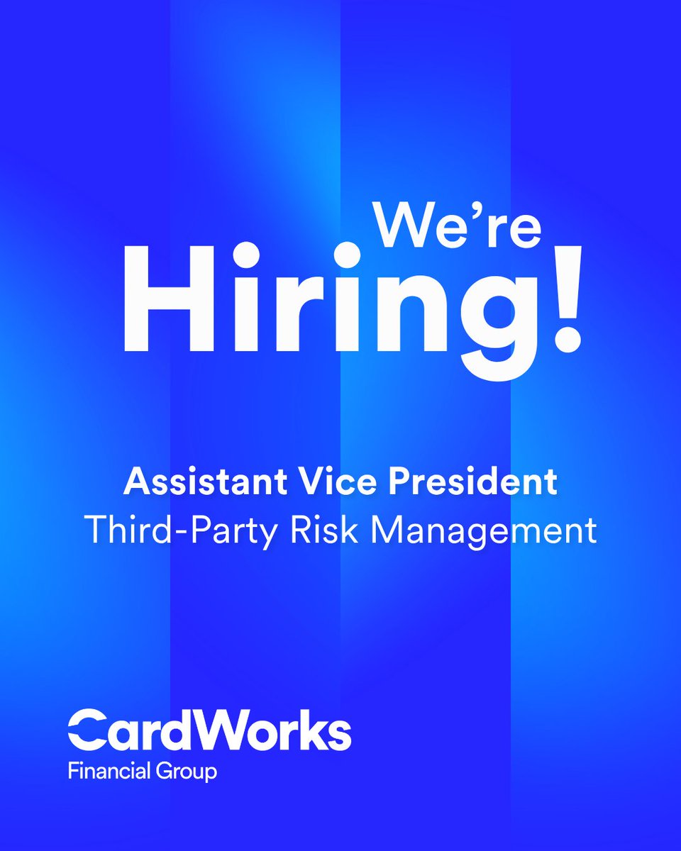 cardworks's tweet photo. Join our team! ✨

We are seeking an experienced AVP, Third-Party Risk Management to join our team and drive enterprise excellence for Merrick Bank.

This position is built for a risk professional who thrives on cross-functional collaboration and strategic oversight. In this senior leadership role, you will ensure our third-party relationships align perfectly with regulatory requirements, internal policies, and our established risk appetite. By strengthening governance frameworks and delivering critical, data-backed insights to senior management, you will play a vital part in protecting and scaling our financial ecosystem.

Start your next chapter with a community committed to your success.

Apply today: https://t.co/tbYYHTRuDu