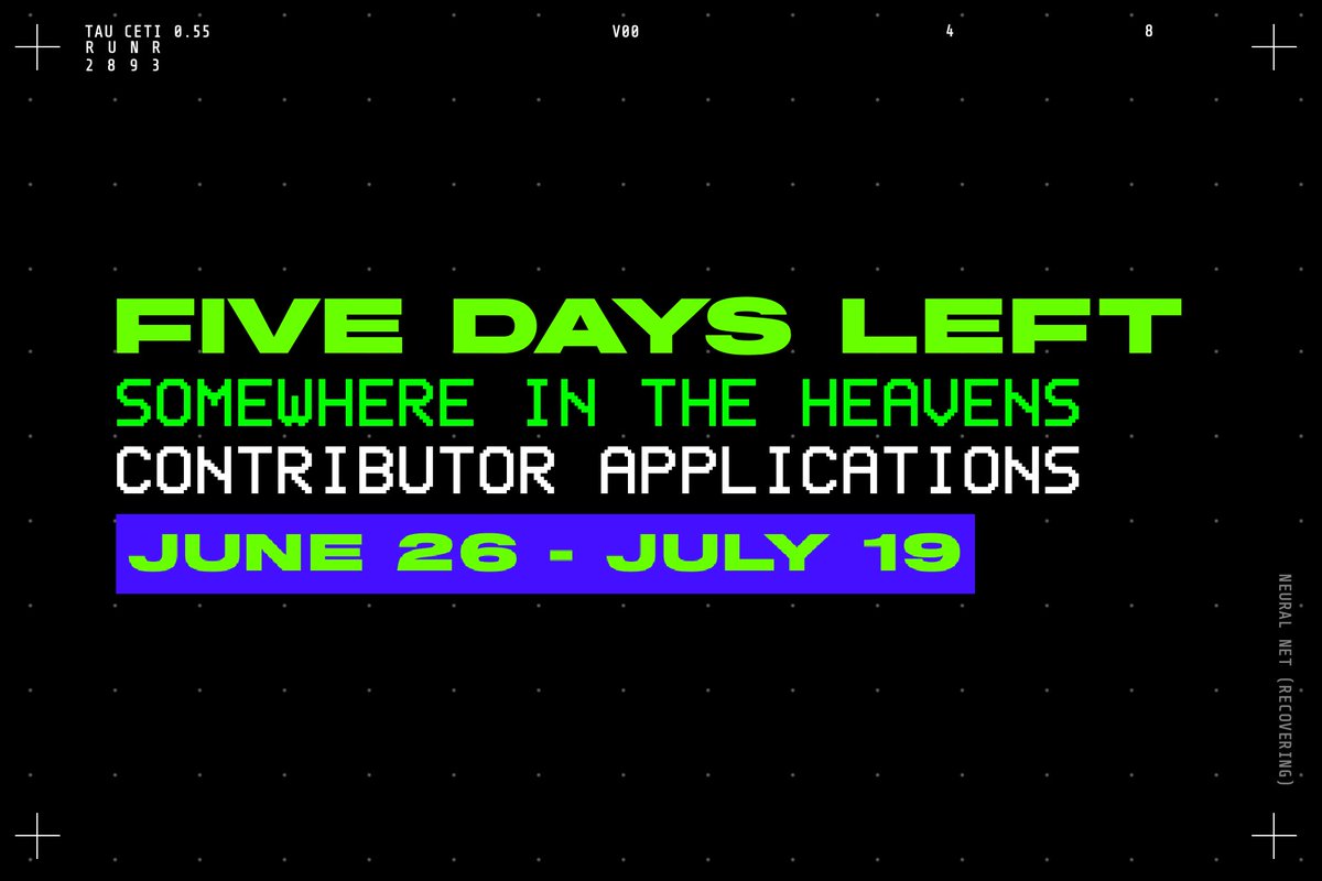 marathonzine26's tweet photo. >> SOMEWHERE IN THE HEAVENS CONTRIBUTOR APPLICATIONS: 5 DAYS REMAINING

>> REMINDER: Contributor apps close July 19 at 11:59 PM CDT. We're looking for 2D/3D page artists, merch artists, and writers!

>> 🔗 + GUIDELINES BELOW

[ #marathongame #marathonart ] https://t.co/suJ0Hrg3I6