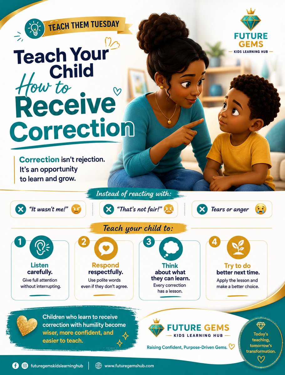 FutureGKLH's tweet photo. Children One life skill every child needs isn't taught in a textbook.
Let's teach them to grow through correction with confidence and humility.
#TeachThemTuesday #FutureGems #FutureGemsKidsLearningHub #PositiveParenting #ParentingTips #CharacterBuilding #LifeSkills https://t.co/mCpSqfyzEU