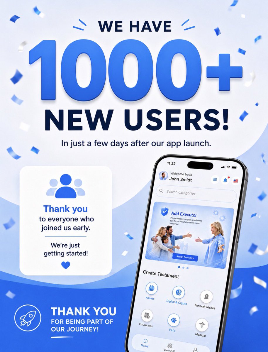 LegacyKeeperApp's tweet photo. 🎉 We’ve reached 1000+ users just days after launch! Thank you for your incredible support. ❤️
Haven’t downloaded the app yet? Get started today! 📲
https://t.co/HbCKC0BwRU
#1000Users #AppLaunch #Startup #DigitalLegacy #EstatePlanning #Tech #Lkt #legacykeeper #app #googleplay https://t.co/DkQhWjn2vM