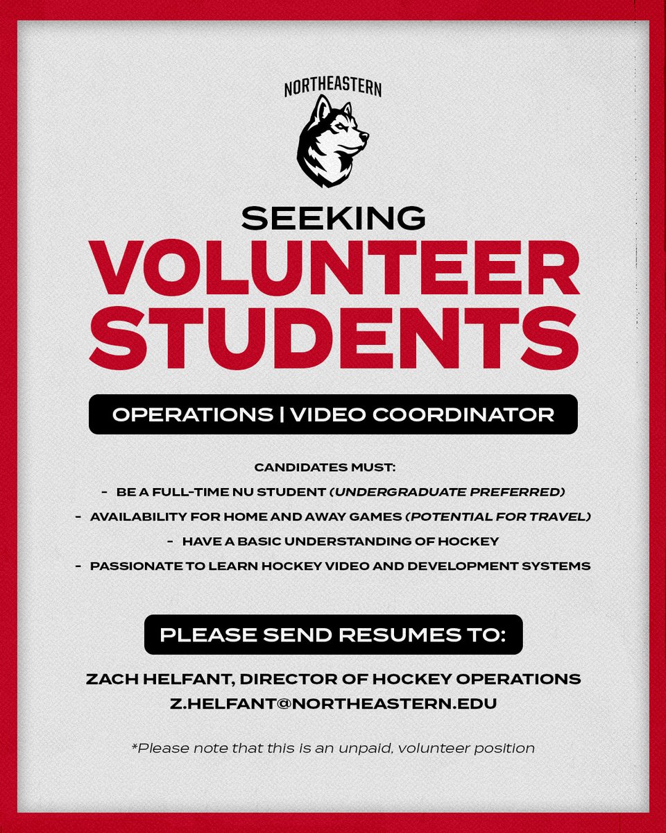 GoNUmhockey's tweet photo. We're seeking student volunteers to join our hockey operations staff for the 2026-27 season!

Please send resumes to z.helfant@northeastern.edu if interested. https://t.co/EH2cJTDw9h