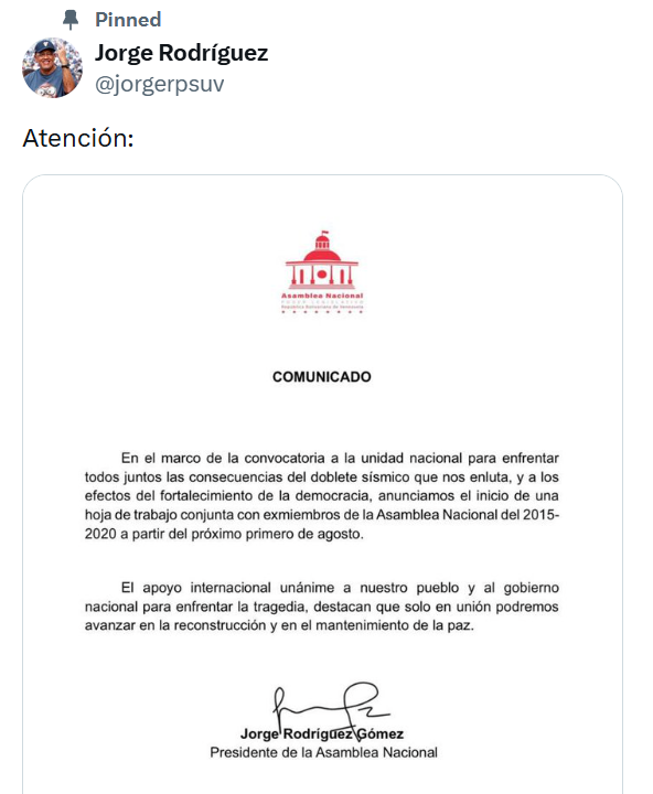 CaracasChron's tweet photo. 🫓 The remains of the 2015 National Assembly announced that a joint agenda to strengthen institutions, the electoral system and to restore participation will begin on Aug. 1.

Marco Rubio reposted it.

Less than an hour later, Jorge Rodríguez confirmed it from the chavista side. https://t.co/nuRxbsTsTV