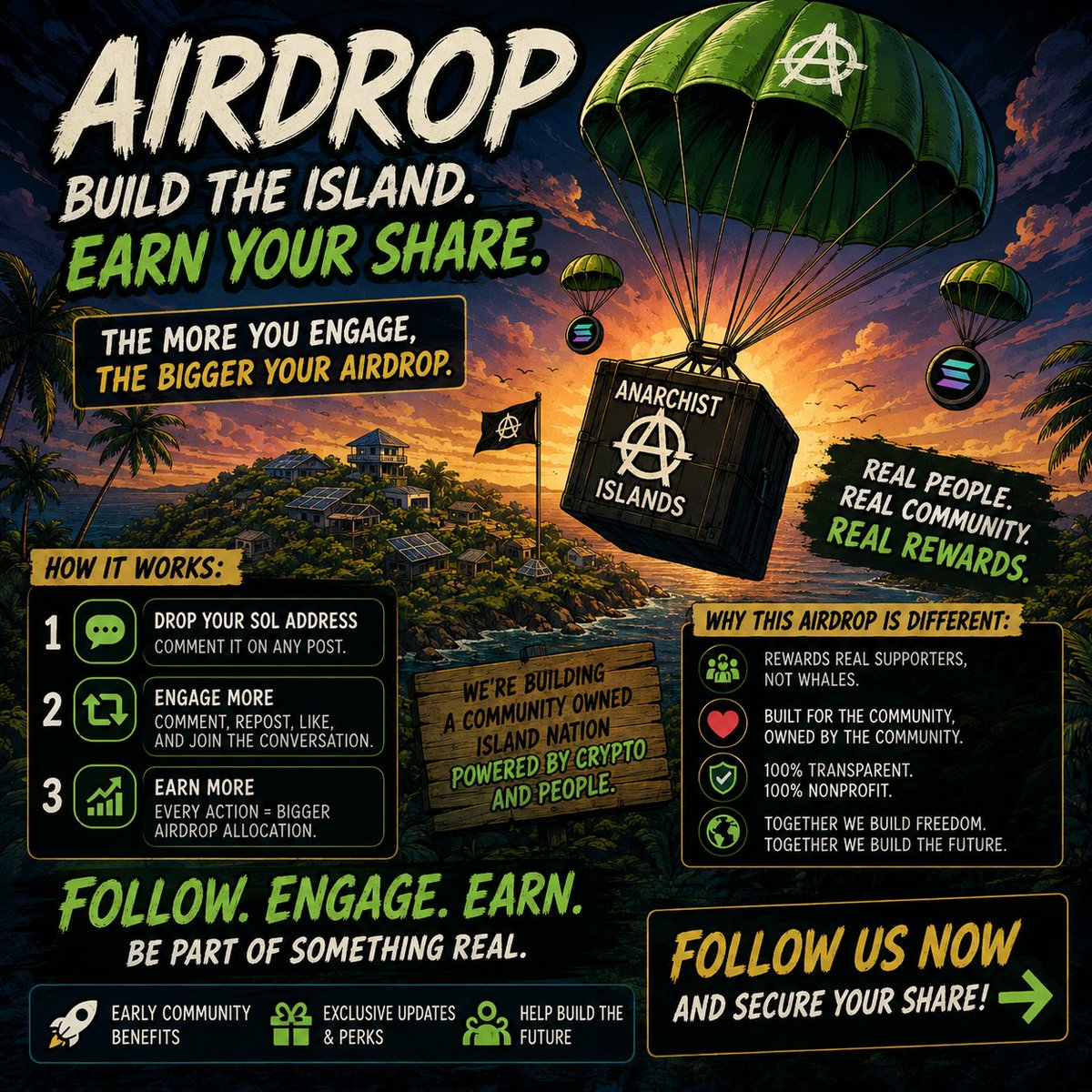 DefiAnarchy's tweet photo. AIRDROP ALERT: WE'RE DOIN THINGS DIFFERENTLY!!!

Drop SOL address 
Like 
Follow
Repost

But here's where it gets spicy...

🔥 You can drop your SOL address multiple times.
🔥 Comment on any post.
🔥 Comment multiple times on the same post.

Every time you engage, your airdrop gets bigger.
Simple.
The loudest believers get the biggest bags.

So start farming.

Let's build a community-owned island together. 🏝️

#Airdrop #Solana #SOL #Crypto #Degen #Web3 #AnarchistIslands