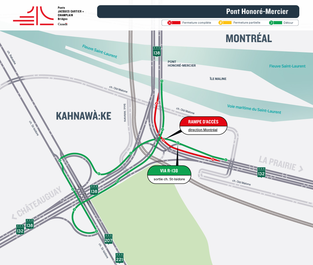 pontHMBridge's tweet photo. UPDATE - Honoré Mercier Bridge | Night closure of the Hwy. 138 East access ramp toward Montréal, postponed from July 14 to July 16, and of the Hwy. 132 West access ramp toward Montréal, on July 15
See notice: https://t.co/eI9Lq0oXls
 #JCCBI #mobilitéMTL #MercierBridge https://t.co/34gEJG7aJp