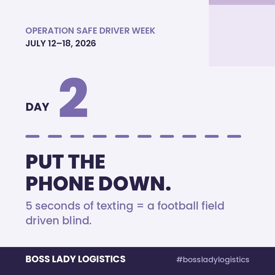 HannahHurckes's tweet photo. Day 2: The phone.

A text takes 5 seconds to read. At highway speed, that's the length of a football field — driven blind.

No message is worth it. Not from dispatch. Not from a customer.

Pull over or let it wait.

#operationsafedriverweek #distracteddriving #bossladylogistics https://t.co/ZCVYcS4LAd