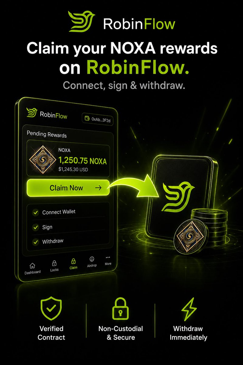 RobinFlow_App's tweet photo. @Noxa_Fi Recover Your NOXA creator Rewards via RobinFlow  

Connect Wallet → Sign → Claim  Verified Contract • 

Non-Custodial • Instant Claims  

https://t.co/aABHX6U639 https://t.co/k0JTjmAnCL