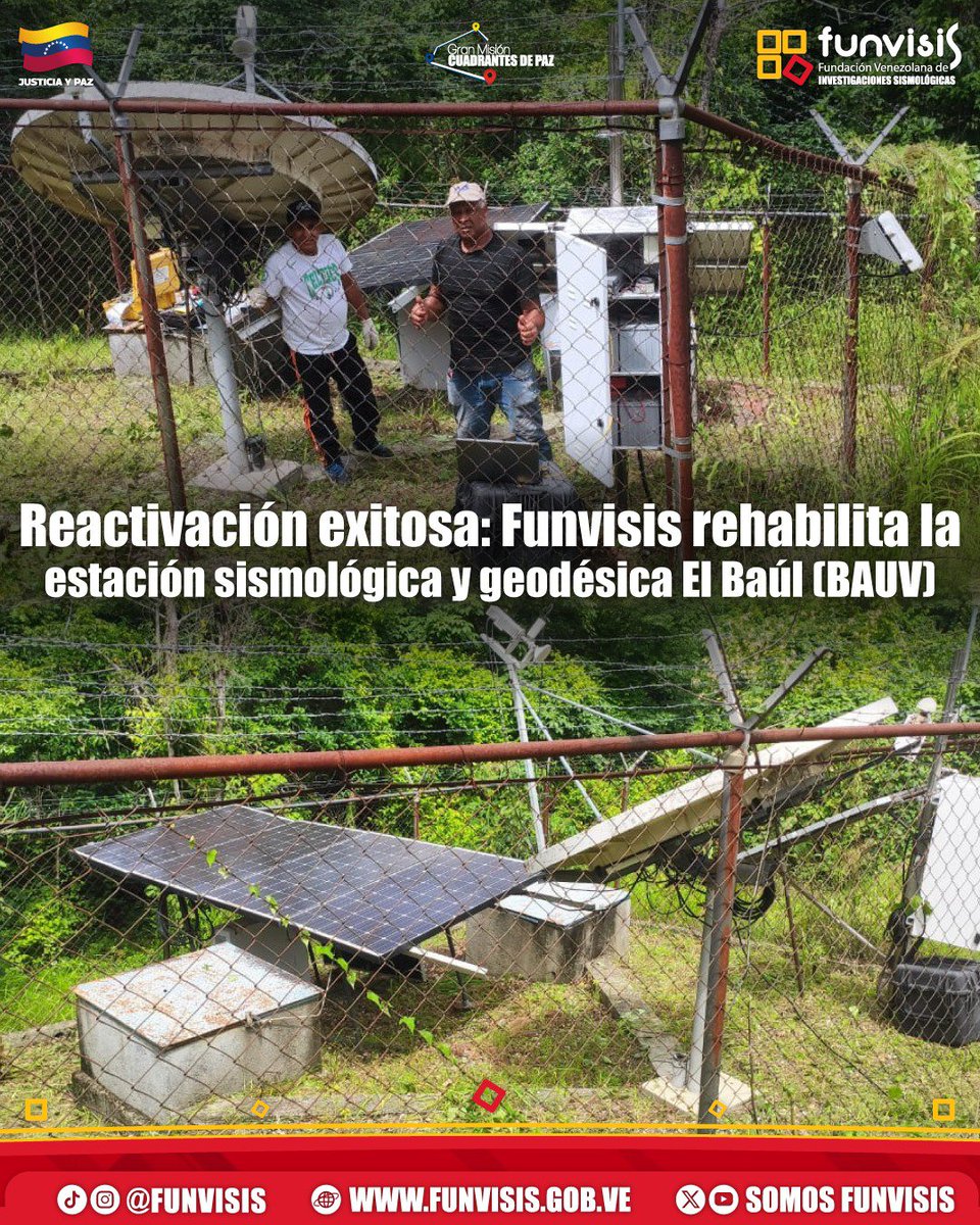 SomosFunvisis's tweet photo. #Hoy | Funvisis rehabilita la estación sismológica y geodésica El Baúl (BAUV), en el estado Cojedes. 

La labor inició con el mantenimiento interno y externo de la estación sismológica satelital y la geodésica, con cambio de baterías y recolección de datos en la unidad geodésica. https://t.co/QWgAccSENR