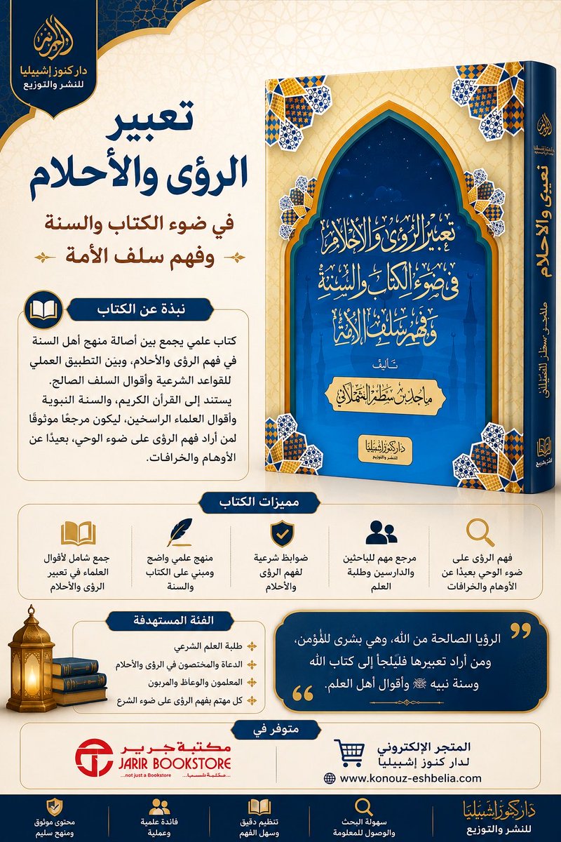 k_eshbelia's tweet photo. تعبير الرؤى والأحلام في ضوء الكتاب والسنة وفهم سلف الأمة

ليس كل ما يُرى في المنام يُفسَّر بالرأي أو التجربة، بل يحتاج إلى علمٍ وضوابط شرعية. يقدم هذا الكتاب منهجًا علميًا مؤصلًا لفهم الرؤى والأحلام، مستندًا إلى الكتاب والسنة وأقوال أئمة السلف، مع بيان القواعد التي تعين على التمييز بين الرؤى الصالحة وغيرها، بعيدًا عن الأوهام والخرافات.

#دار_كنوز_إشبيليا #تعبير_الرؤى #تفسير_الأحلام
#الكتاب_والسنة #السلف_الصالح