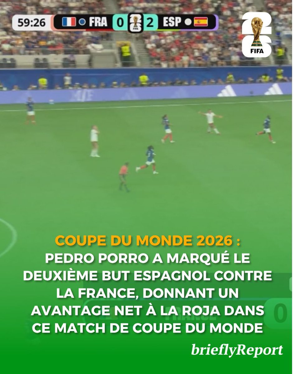 brieflyReportFr's tweet photo. Pedro Porro inscrit le 2‑0 pour l’Espagne.
Pedro Porro a marqué le deuxième but espagnol contre la France, donnant un avantage net à la Roja dans ce match de Coupe du Monde.
#France #Espagne #CoupeDuMonde #PedroPorro #Football https://t.co/vBHC5AQRVJ