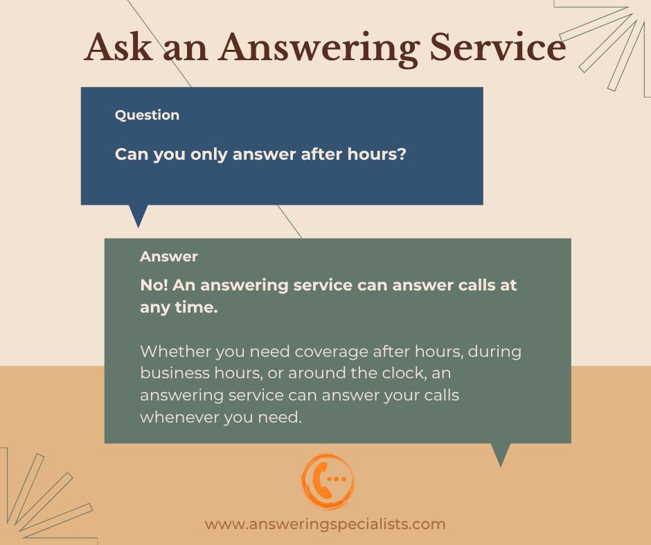 ansspc's tweet photo. Think answering services are only for nights and weekends? Not at all!

Many businesses use an answering service during business hours to help with:

• Busy call periods
• Lunch breaks
• Staff meetings
• Vacations and sick days
• Times when the whole team is already helping customers

You can use an answering service after hours, during business hours, or around the clock. It all depends on the support you and your business need!

Have a question about how answering services work? Drop it in the comments, we can answer it in a future post!