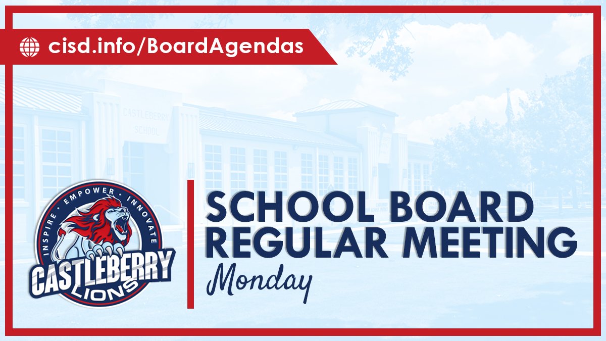CastleberryISD's tweet photo. A Regular School Board Meeting will be held Monday, July 20, 2026. Business items and presentations will begin at 6 PM; campus and recognitions at 7:30 PM.

Meeting agenda: https://t.co/C0TZWU3YDO

Watch virtually: https://t.co/WhsXIKYxmR https://t.co/q09bjFm8MM