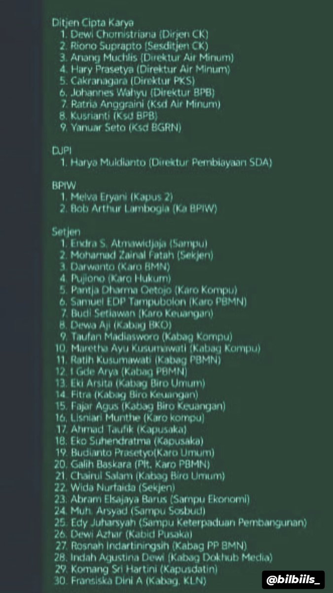 bilbiils_'s tweet photo. 🚨KEMENTRIAN PU UNDERCOVER🚨

114 Pegawai Yang Terkena Mutasi-Demosi Selama Menteri PU Dody Hanggodo Menjabat dari Tahun Oktober 2024 - Juni 2026

▪️Ditjen Sumber Daya Air (29 orang)
▪️Ditjen Bina Marga (25 orang)
▪️Ditjen Cipta Karya (9 orang)
▪️DJPI (1 orang)
▪️BPIW (2 orang)
▪️Setjen (30 orang)
▪️BPSDM (2 orang)
▪️Itjen (4 orang)
▪️Binkon (6 orang)
▪️Ditjen PS (6 orang)

And Still Counting🫠

Memang betul Mutasi itu adalah hal lumrah dikalangan ASN. Tapi apakah mutasi yang terjadi memang sudah sesuai dengan UU ASN??
Belum lagi banyak yang Demosi...
Itu yang jabat banyak Direktur ma Kadept yang turun jabatan🙃.

Pak ingat...jabatan menteri itu 5 tahunan...iya kalo nggak kena Reshuffel.
Dan mereka yang bapak bolak balik kariernya kebanyakan ASN yang sudah mengabdi bertahun-tahun di Kementrian PU.
Pak...Doa orang tersakiti itu Magic lho pak... nggak takut karmanya??
