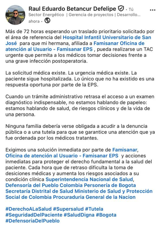 _chimilla's tweet photo. Señores @WRadioColombia una ayuda, mi amiga Liliana lleva desde el sábado hospitalizada en el
@HIUSJ_Bogota Necesita un TAC por una infección tras una peritonitis, el equipo del hospital está dañado. En @Colcan_Lab rechazan el servicio por problemas administrativos @EPS_Famisanar https://t.co/vk6fS8CDfd