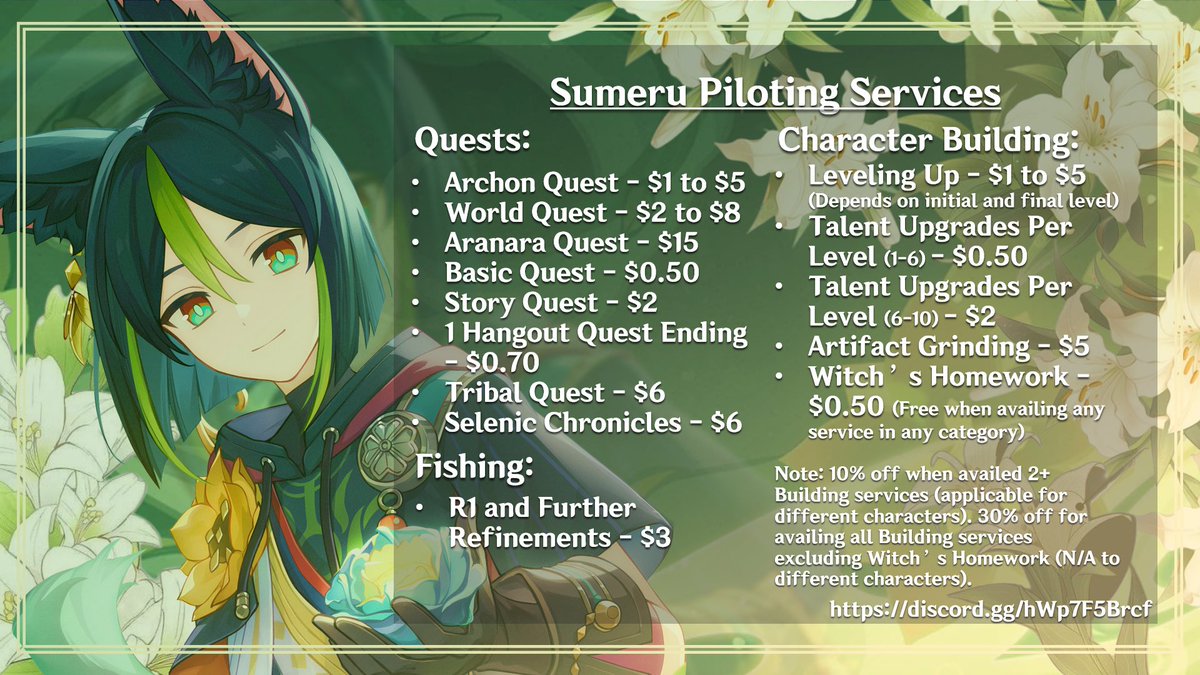 scarapilot_'s tweet photo. 🩷🩵💚 SUMERU PILOTING SERVICES 💚🩵🩷

No time to play Genshin? Too busy?
Here to offer low rates and fast service! Prices negotiable ^^

Proofs, discounts, etc below!!

Curious? dm or join discord server to avail!
https://t.co/daunV1rDoL

#genshinpilot #GenshinImpact #promotwt https://t.co/t7CCsUBv1p