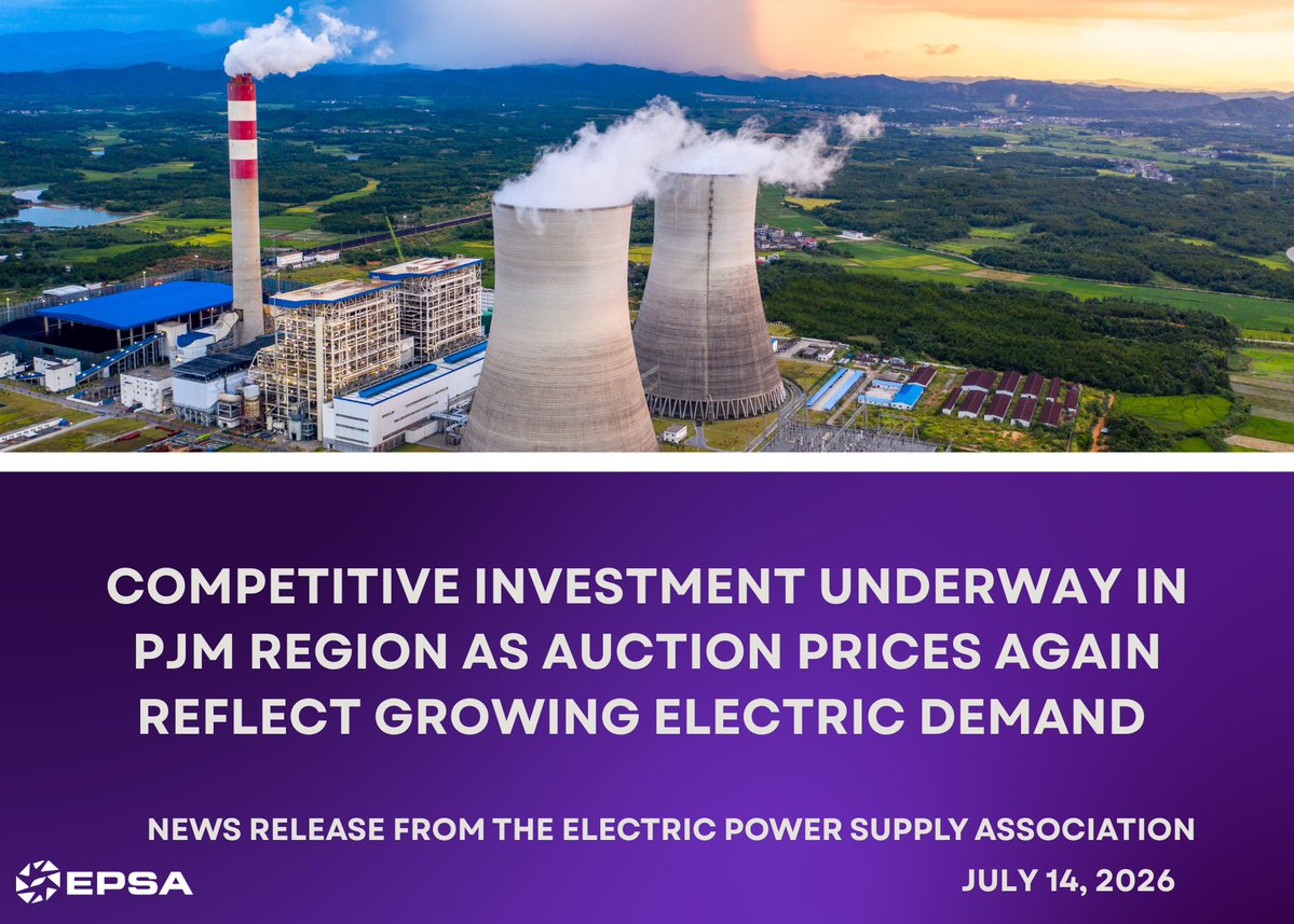 EPSAnews's tweet photo. @PJMInterconnect’s capacity auction reflects a power system adapting to a new era of electricity demand – and competitive power suppliers are responding with tens of GW of new investment.

“As AI, advanced manufacturing, data centers, and electrification drive significant load growth, maintaining reliability will require continued investment in generating resources.” — @EPSA_CEO

Competitive suppliers are investing to strengthen reliability.

Read EPSA’s full statement on the PJM capacity auction results: https://t.co/Ky7qaQzOeH

#EPSA #PJM #CompetitivePower #GridReliability #PowerMarkets