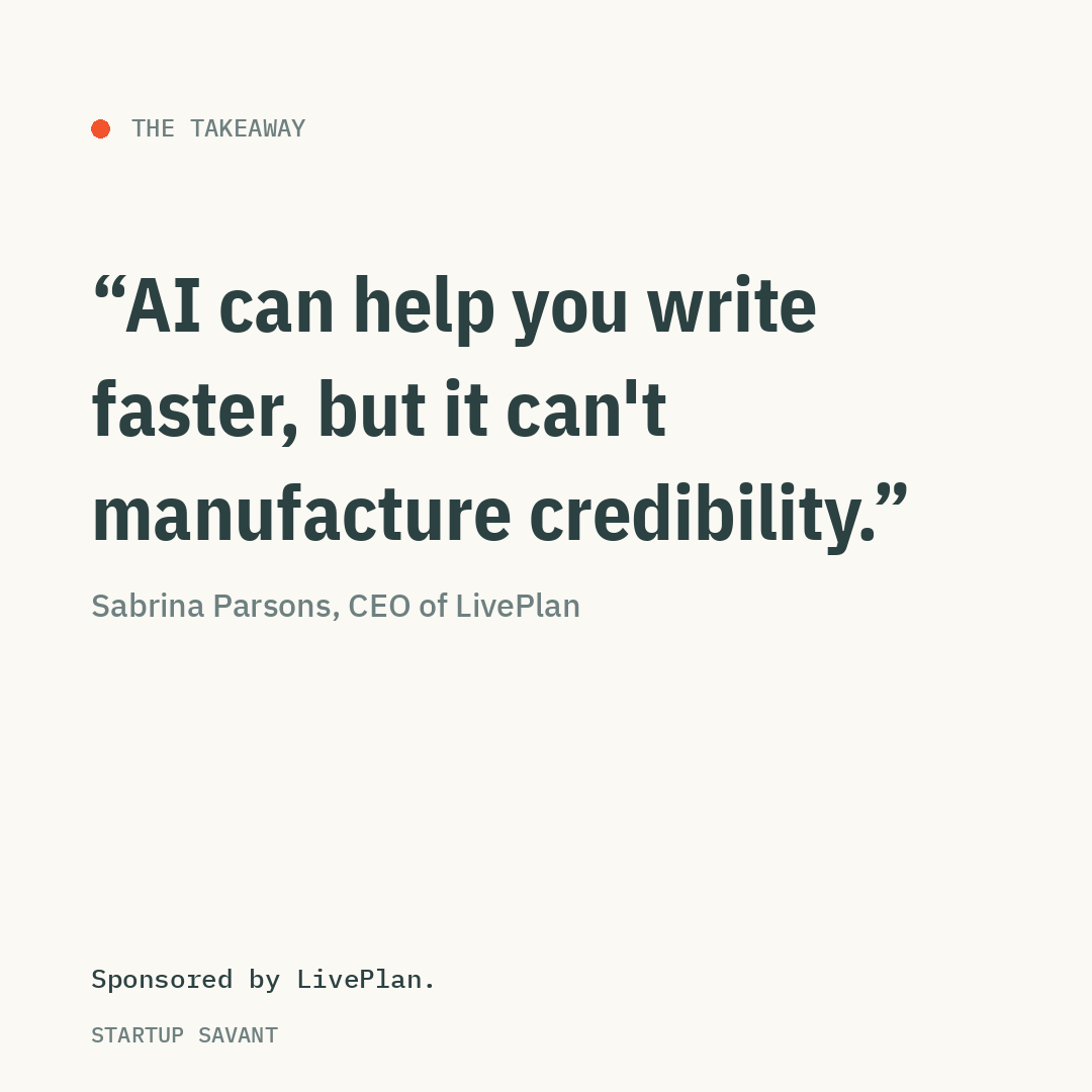 StartupSavant's tweet photo. AI can help you write faster, but it can't manufacture credibility.

Full guide, sponsored by @liveplan👇

https://t.co/Gwa460JfoX https://t.co/s6SQrScZDO