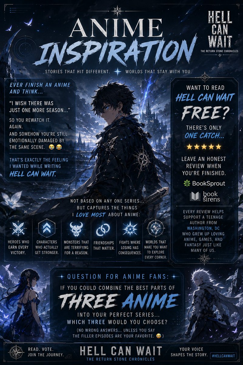 Isaiah_Mungro's tweet photo. Anime taught us one lesson: never trust the smiling side character. 😅 If you love worlds that keep getting bigger, monsters that hit harder, and choices that actually matter, Hell Can Wait is calling. Read free. Just leave an honest review. 🔥📖 #LitRPG #Anime https://t.co/ilirBjJVvx