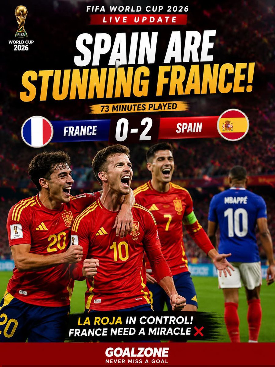Laraib_Fatiima's tweet photo. 🔥 SPAIN ARE STUNNING FRANCE! 🇪🇸⚽
73 minutes played and Spain are in complete control! 🇫🇷❌ France need a miracle as La Roja lead 2-0 and edge closer to World Cup glory. 🏆🔥
Who wins this one? 👇
#FIFAWorldCup2026 #Spain #France #ESPFRA #GOALZONE #Football #WorldCup #LaRoja #FootballNews #Soccer
