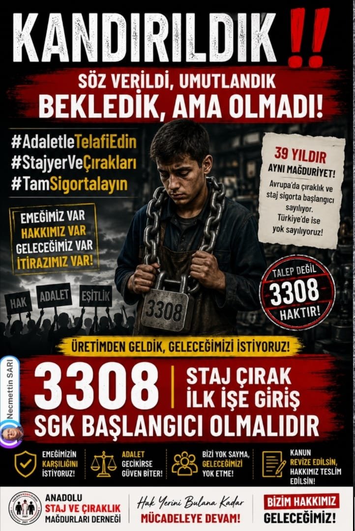 NTekmanli's tweet photo. N1
🔷️Emegin Tarihi Silinmez
🔷️Alinterine paha bicilmez
🔷️Hakli bir magduriyet 
🔷️Bukadar Bekletilmez❗️
@RTErdogan 
@Onuronal_
@bakiersoymhp
@_cevdetyilmaz 
Kandırıldık 
#AdaletleTelafiEdin
#StajyerVeÇırakları
#TamSigortalayın https://t.co/KgDxOBt3p5